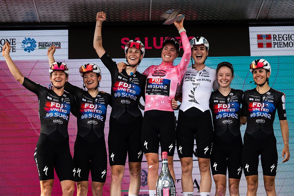 Photo: Cycling Weekly FDJ SUEZ Dutch rider Demi Vollering (C) wearing the overall leader