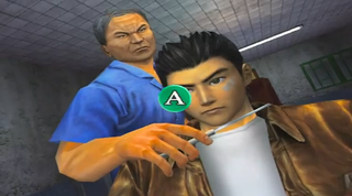 A barber holds a straight razor to Ryo's throat in Shenmue.