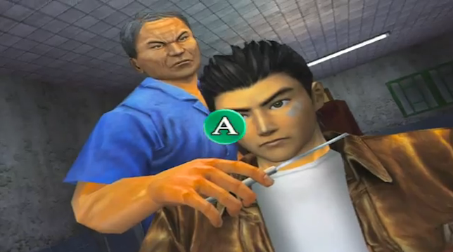 A barber holds a straight razor to Ryo&#039;s throat in Shenmue.