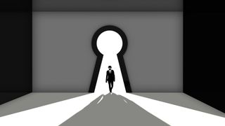 Ethical hacker silhouette walking through a keyhole, symbolising physical security and penetration testing