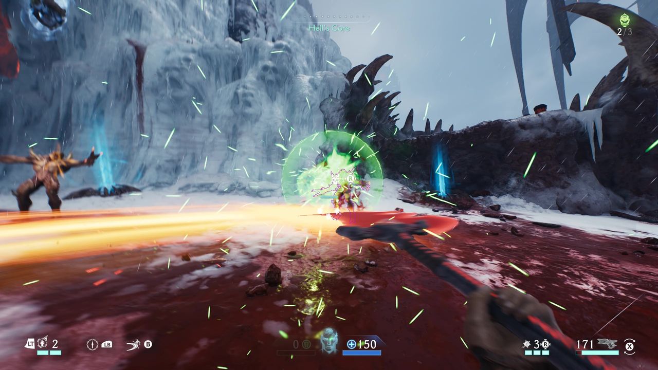 Doom: The Dark Ages - A first-person screenshot of gameplay showing the player parrying an attack with a spear slash.