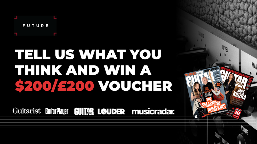 A graphic advertising a chance to win a $200 voucher, with Guitar World magazines pictured in the bottom right corner