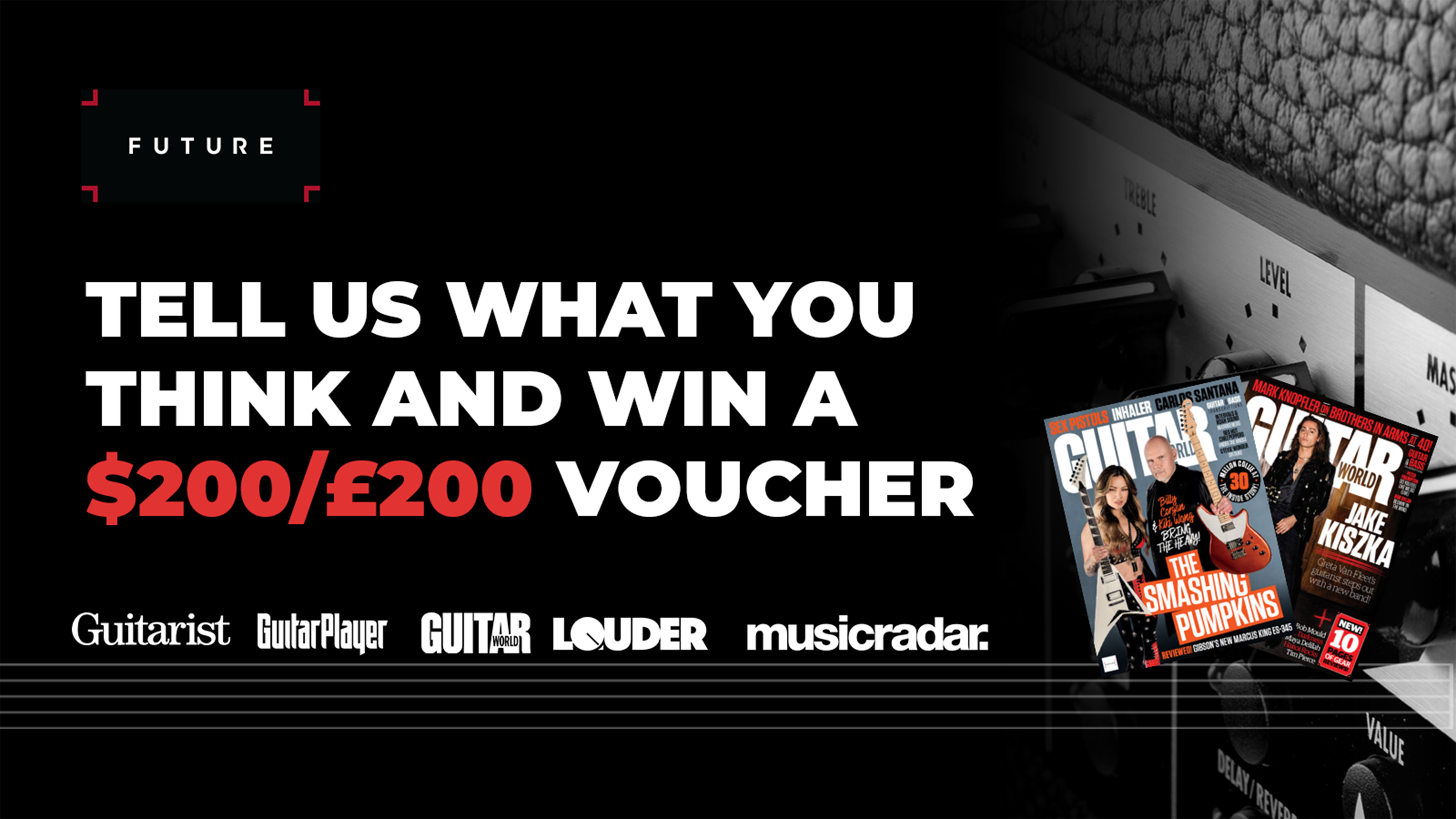 A graphic advertising a chance to win a $200 voucher, with Guitar World magazines pictured in the bottom right corner