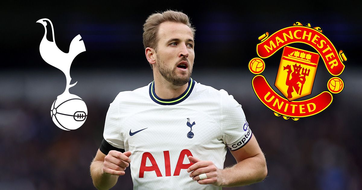 Harry Kane of Tottenham Hotspur, a target for Manchester United, looks on during the Emirates FA Cup Third Round match between Tottenham Hotspur and Portsmouth FC at Tottenham Hotspur Stadium on January 07, 2023 in London, England. 