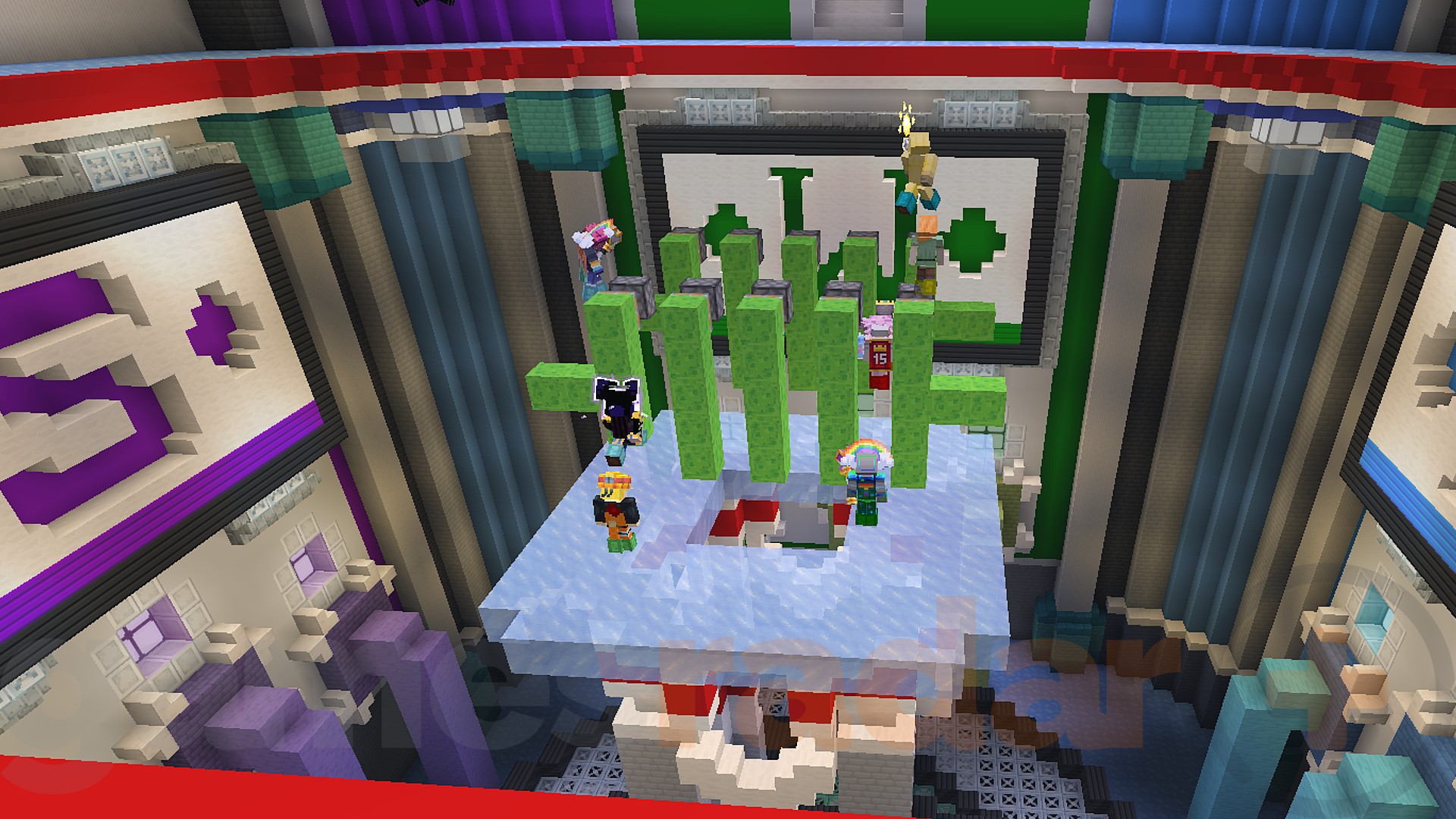 Players compete in Hole in the Wall on MCC Island, one of the best Minecraft Java servers.