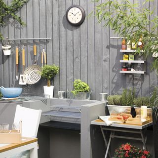 kitchen garden with watch on grey wall