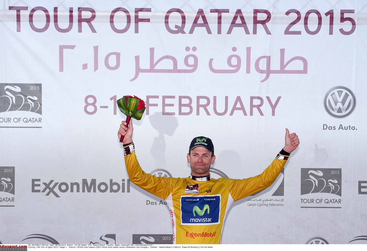 Jos&eacute; Joaquin Rojas (Movistar) in the gold jersey at the Tour of Qatar.