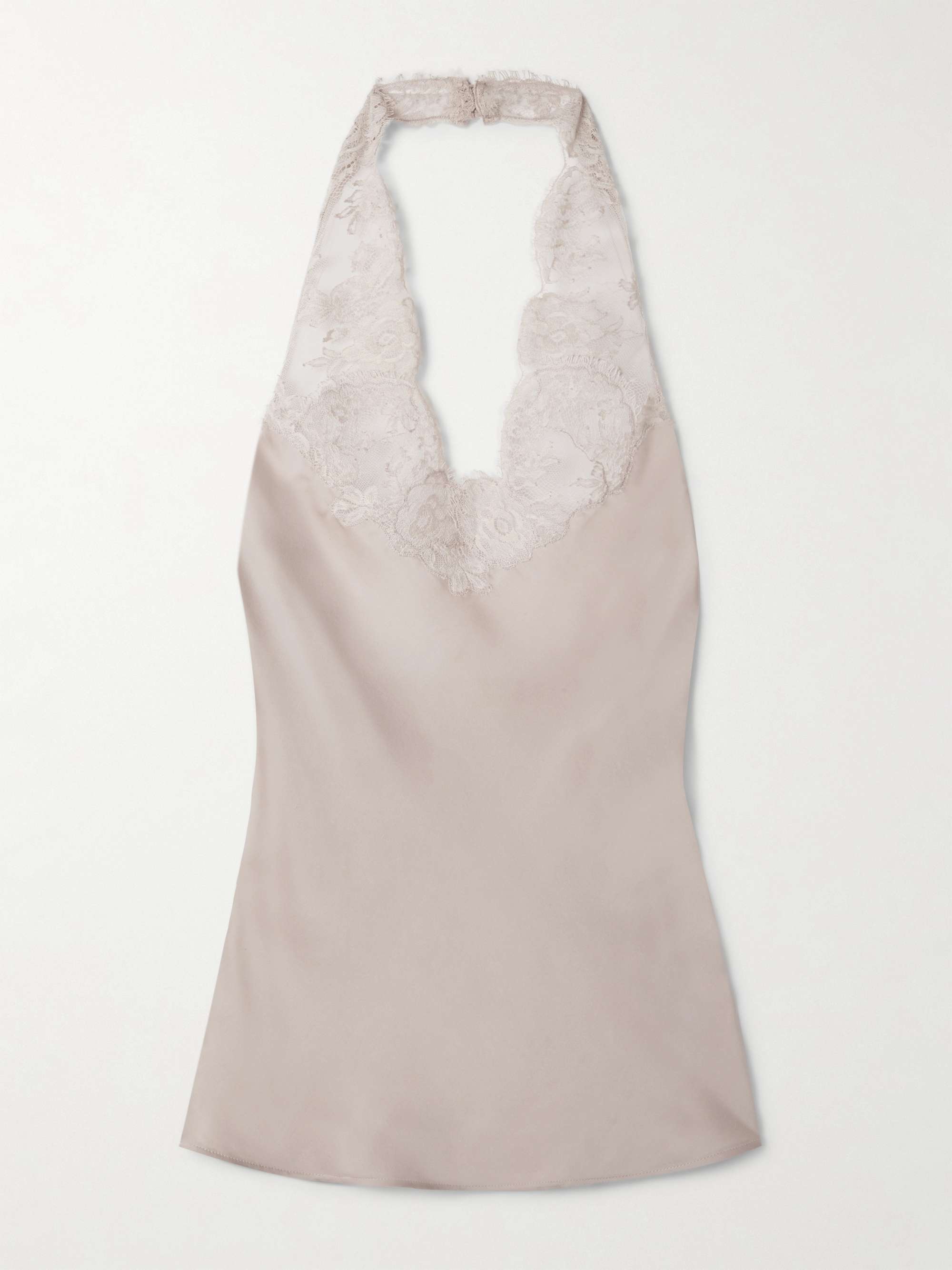 Lace-Trimmed Silk Halterneck Tank Top