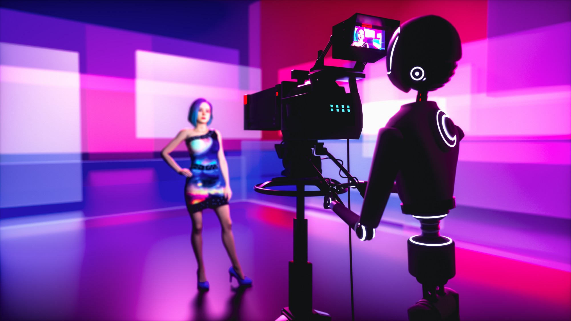 brightly colored background with a woman being filmed by a robot cameraman