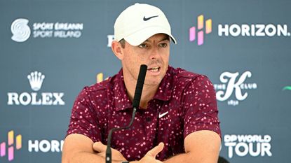 Rory McIlroy talks to the media before the Horizon Irish Open