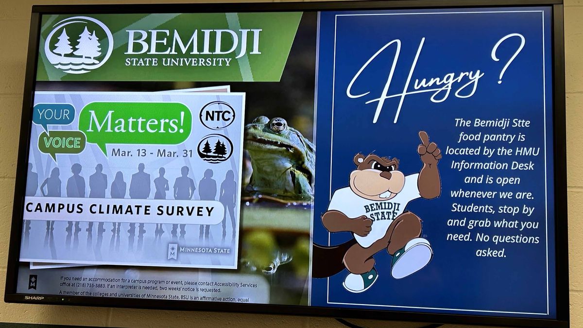 Digital signage displaying important updates at Bemidji State.