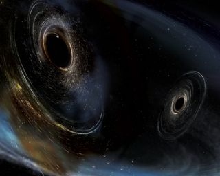 An artist's depiction of two merging black holes.