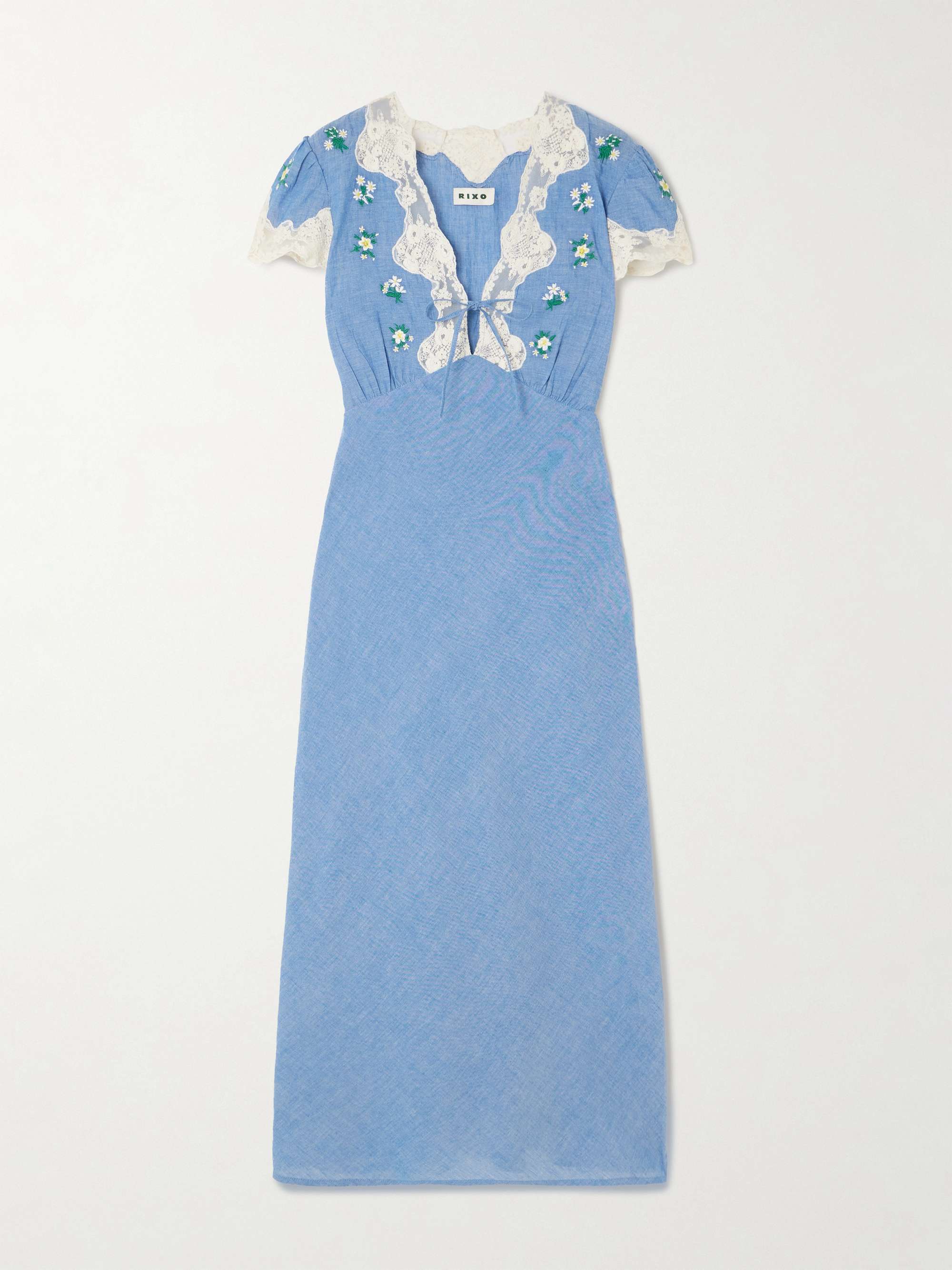 Amari Lace-Trimmed Embroidered Cotton-Chambray Midi Dress