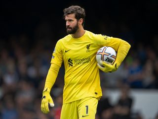 Liverpool goalkeeper Alisson Becker during the Premier League match between Everton FC and Liverpool FC at Goodison Park on September 3, 2022 in Liverpool, United Kingdom.