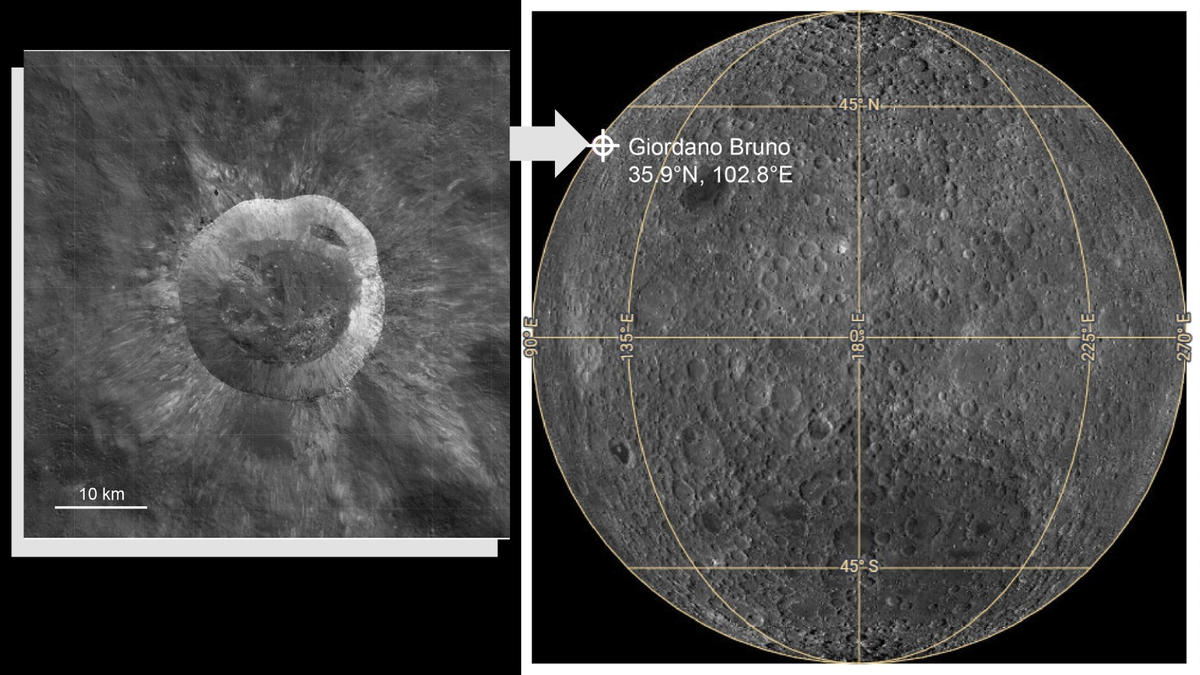 two side by side images. at left, a closeup of a lunar crater. at right, a view of the moon against the blackness of space.