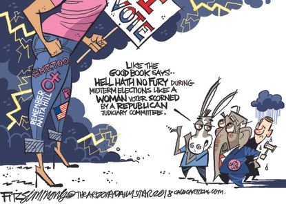 Political cartoon U.S. midterm elections woman voter #MeToo Brett Kavanaugh sexual assault allegations Supreme Court hearings