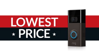 Best cheap Ring Video Doorbell deal, Ring doorbell is shown against a sign saying Lowest Price