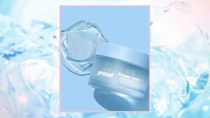 Skin Proud Frozen Over gel-to-ice hydrator in a blue ice background