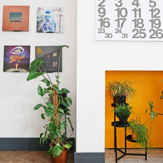a decorative fireplace painted yellow beside vinyl records displayed as artwork on a wall and. a Stendig wall calendar