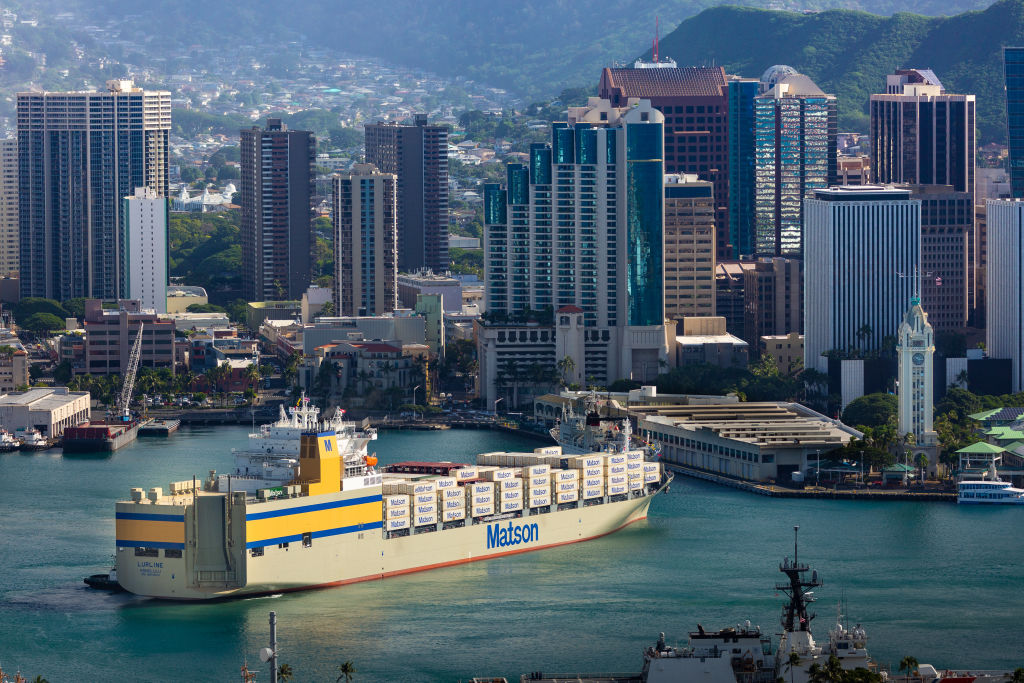 The Matson Inc. Kanaloa Class 'Lurline' con-ro vessel arrives at Honolulu Harbor in Honolulu, Hawaii, U.S.