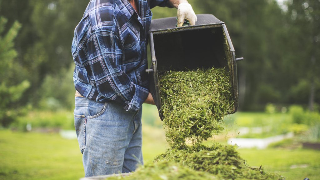 A man dumps grass clippings from a lawn mower trap