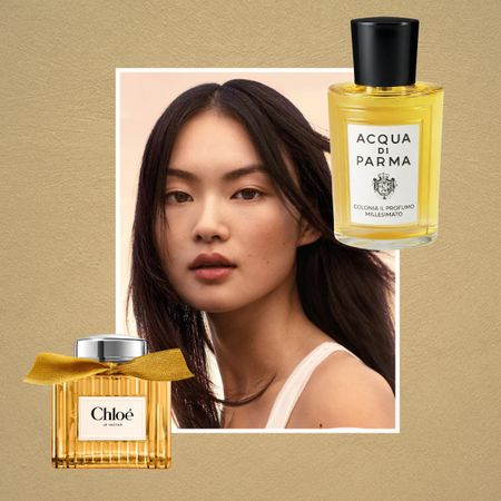 A collage of perfume favorites Chlo&eacute; Le Nectar, with a woman from the chloe ad