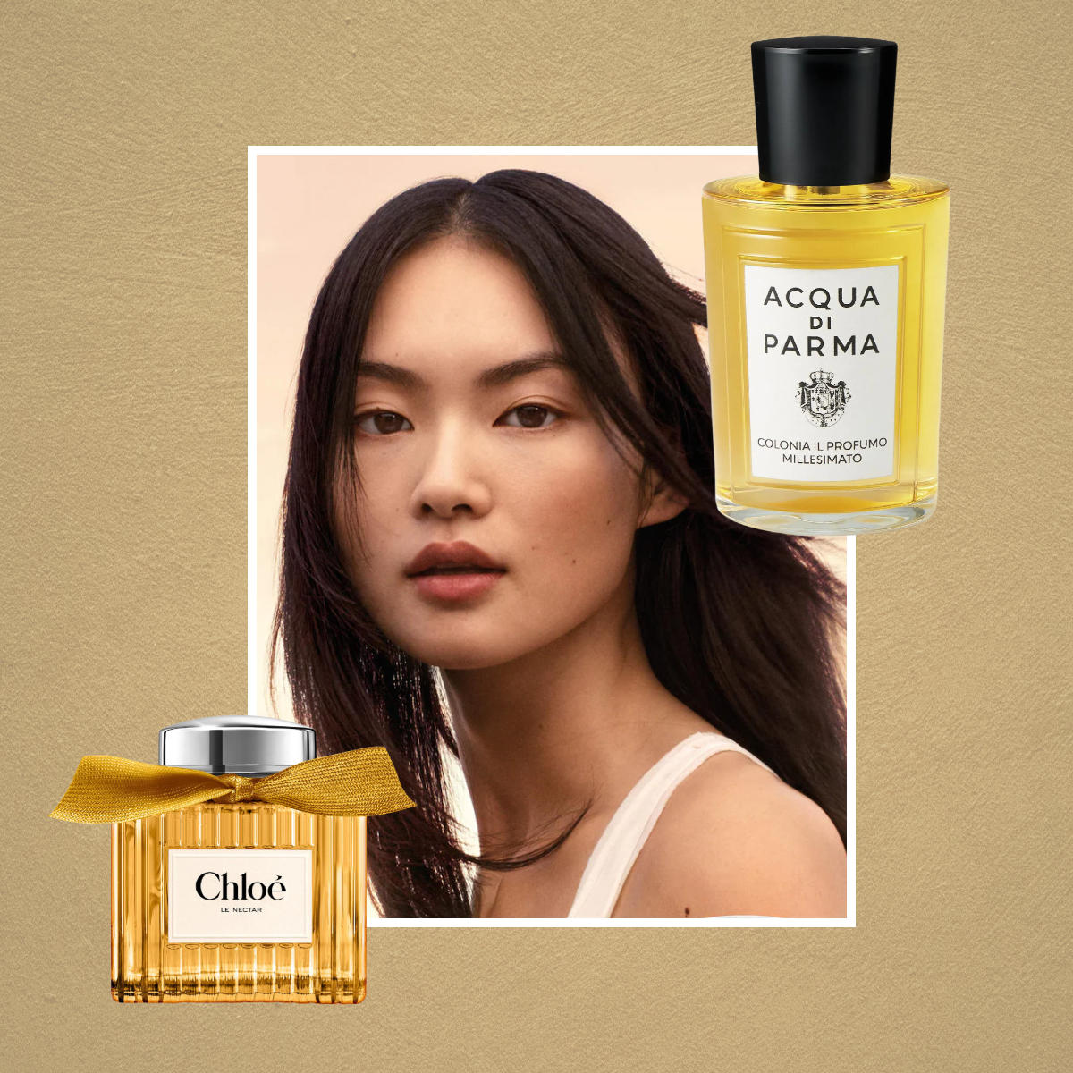 A collage of perfume favorites Chlo&eacute; Le Nectar, with a woman from the chloe ad