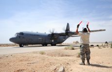 A C-130J transport plane takes off in Jordan