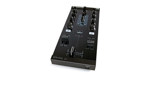 The layout is that of a traditional two-channel DJ mixer, complete with a built-in audio interface for monitoring