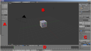 Blender's default user interface. See the text for a quick explanation of its UI