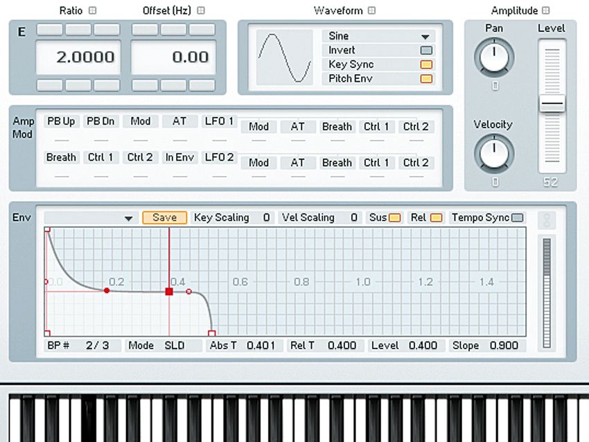 OK, let's get back on track. Put the start of the envelope back to the top-left corner, as it was. Now pull the sustain Level node down to about 0.4 on the Y axis and drag it across to the left so that the decay phase ends at around 0.4 on the X-axis. In the Amplitude panel above, pull the main Level slider down from 70 to about 52.