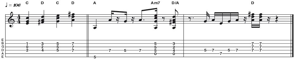 Example 9: The Dorian Tonality - This time we are going to generate the A Dorian sound (second mode of G major), by playing the triads of C and D (IV and V of G) against an A bass note. Theory buffs among you my realise that the triad of C (C E G) with an A bass note creates an Am7 chord, which is perfect fit for the Dorian tonality.