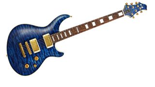 The mahogany body is capped by a generous slab of heavily quilted maple and finished in a lovely looking Marine Blue
