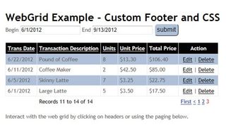 Our finished formatted table, showing the custom formatting in the footer. This is used for paging, and to display the calculated values for the Records count