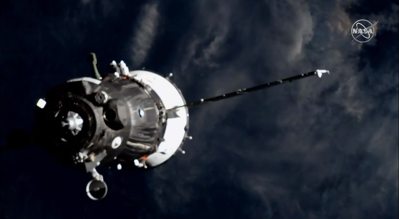The Russian Soyuz MS-12 spacecraft carrying three new crewmembers for the International Space Station's Expedition 58/59 crew is seen as it docks at the orbiting lab on March 14, 2019.