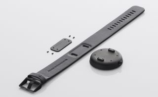 Black, deconstructed watch showing the face, strap, holding plate and screws