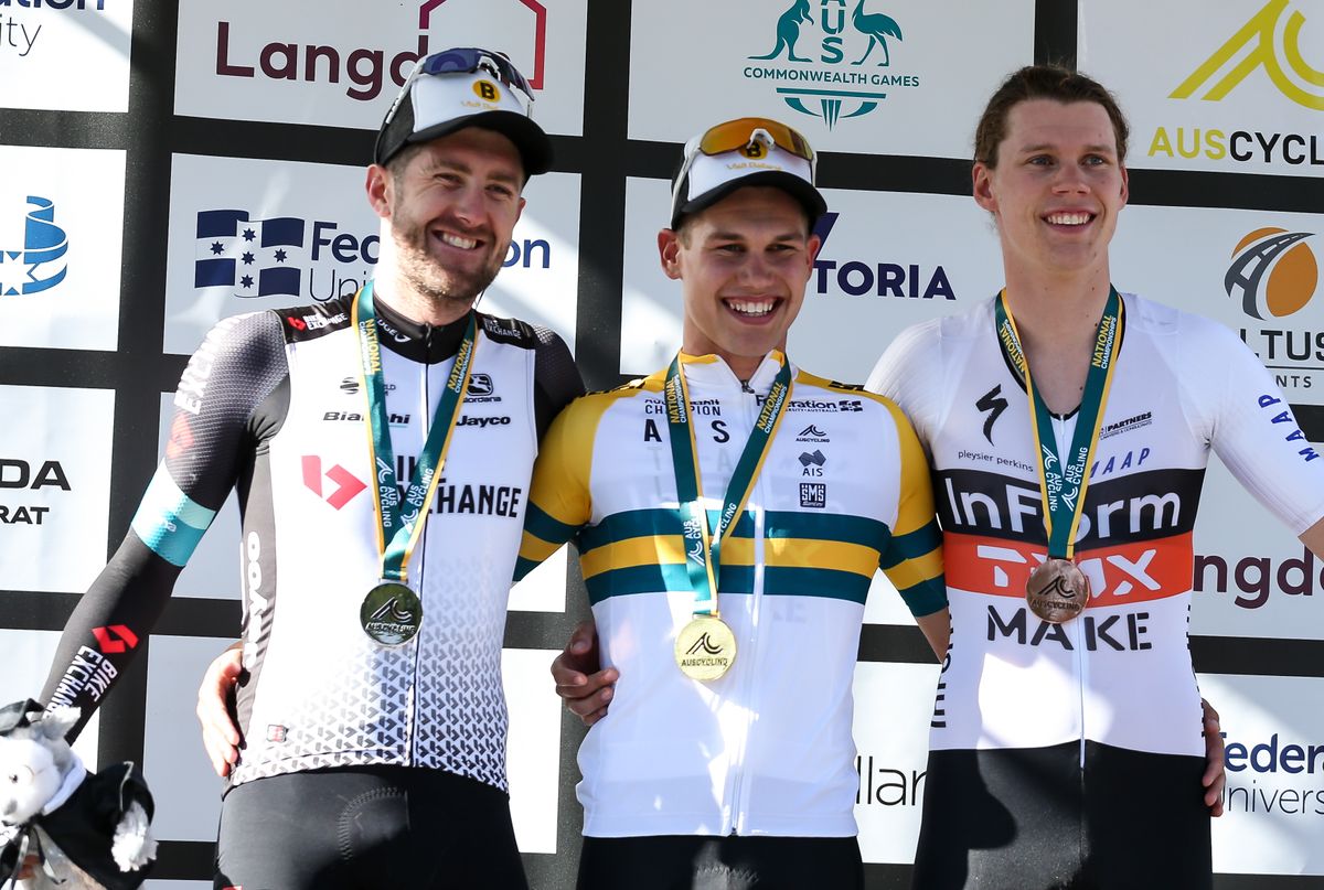 Lucas Plapp in the green and gold after winning the elite men&#039;s time trial title