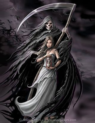 A woman and grim reaper by one of the best horror artists