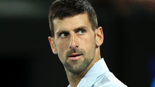 Close up shot of Novak Djokovic of Serbia, wearing light blue shirt, in the Australian Open 2024