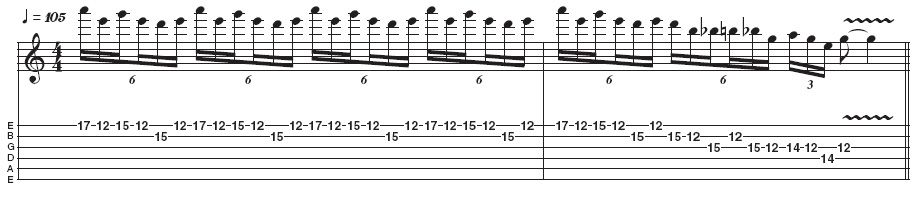 Example 6: Stretchy pentatonic lick v2. The sextuplet groupings here are similar to those found in example 2, so if you've nailed that, this final example shouldn't prove too tricky. This lick is often used by Hammett and is very effective at high tempos. Shred on!