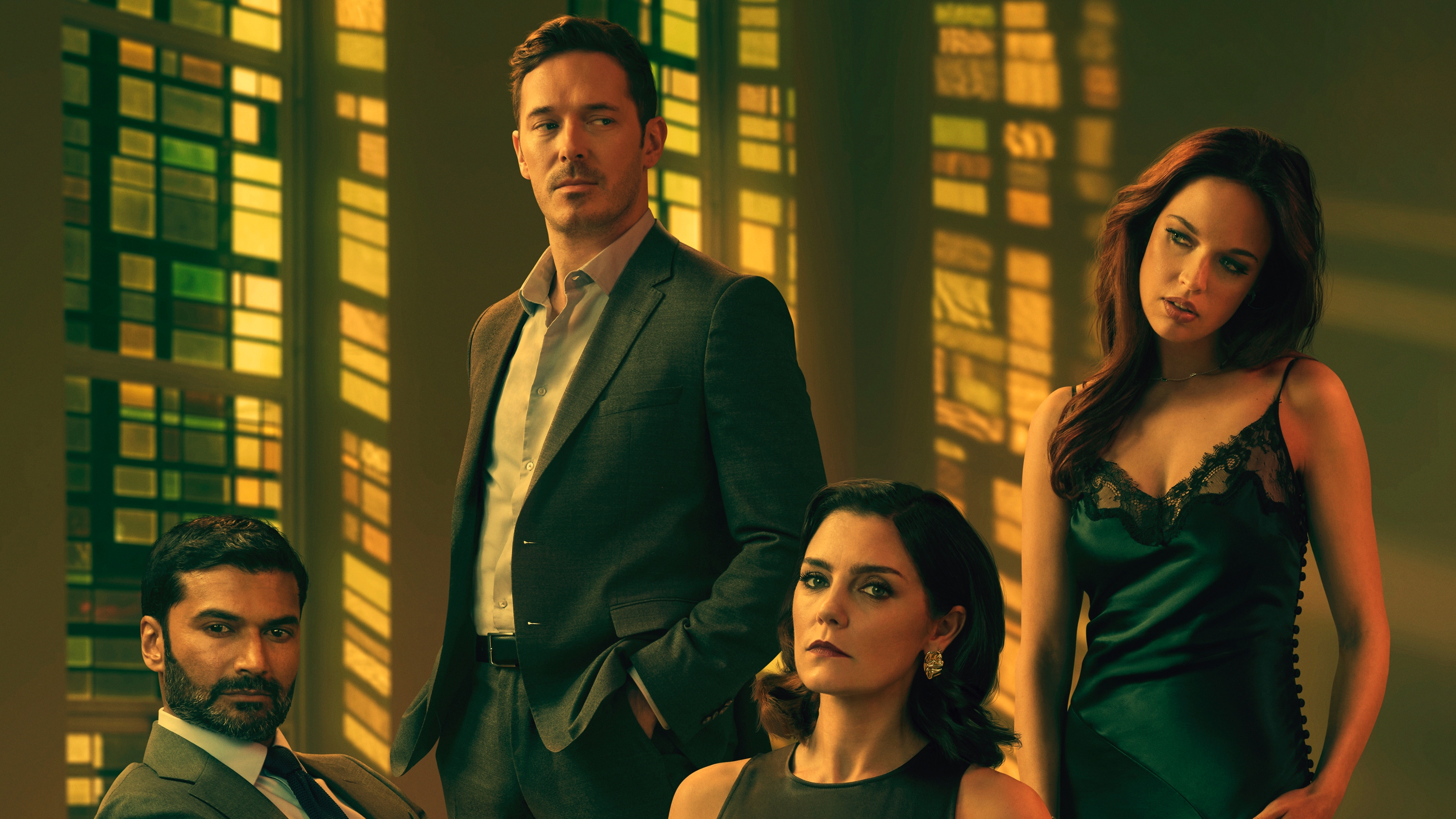 Sendhil Ramamurthy as Leo, Sam Palladio as Jacob, Annabel Scholey as Charlotte and Aggy K Adams as Mia in stylish clothes in The Couple Next Door Season 2