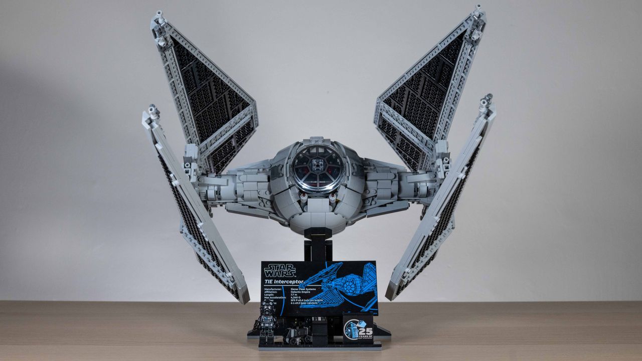 Lego TIE Interceptor, front-on view on a neutral background