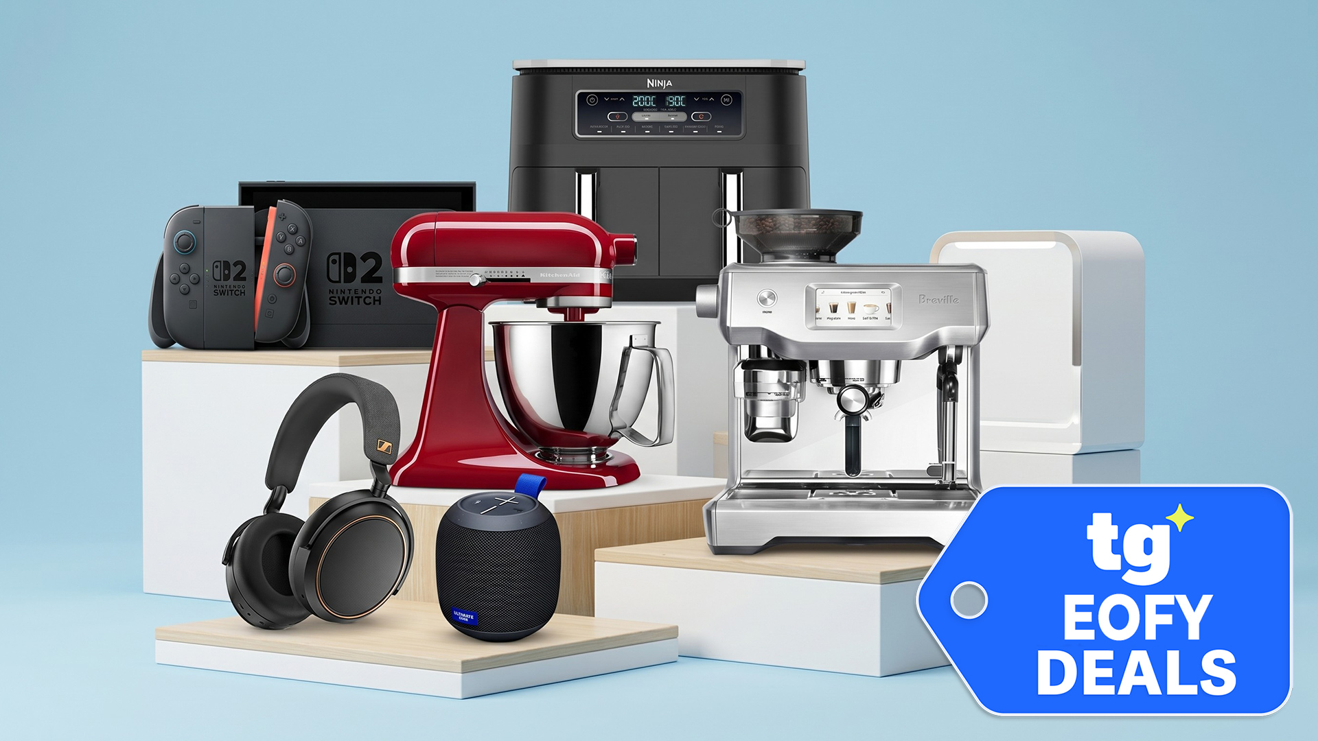 Various products on podiums with EOFY DEALS badge overlaid
