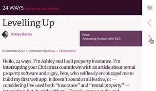 The new 24ways.org reveals animated titles when mouse users hover over previous and next links in the site navigation
