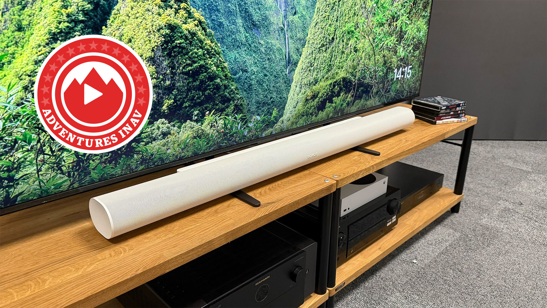 Sonos Arc Ultra on stand with Adventures in AV logo