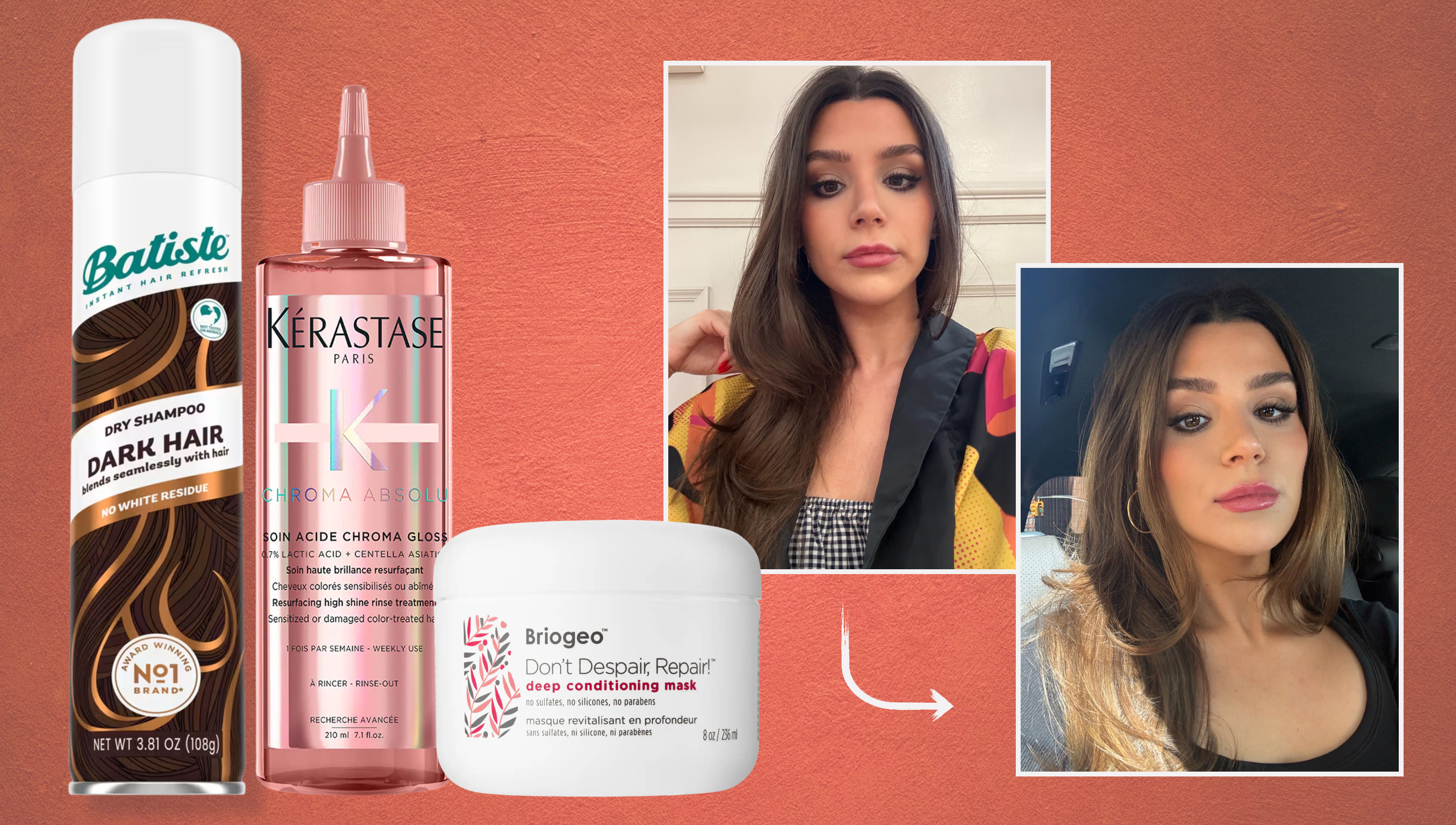 a fall-toned background with three hair products next to an image of the same girl before and after an espresso brunette hair transformation