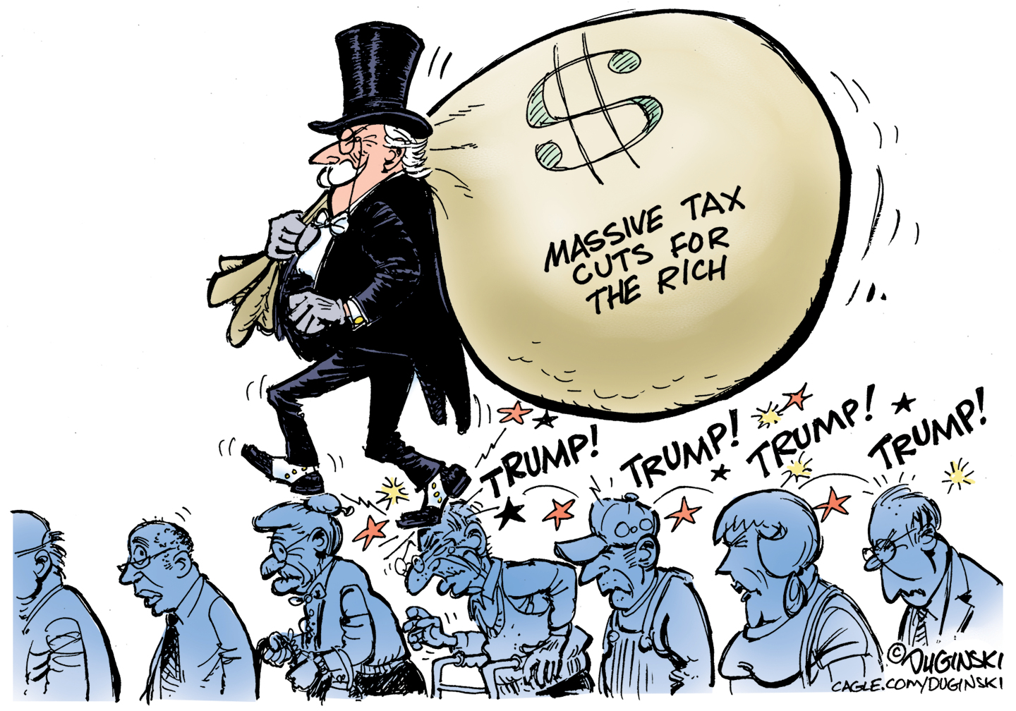 This cartoon depicts a stereotypical rich guy in top hat, tuxedo, monocle, and mustache. He&amp;rsquo;s walking on the heads of ordinary-looking people as he carries a giant bag of money labeled &amp;ldquo;$ Massive tax cuts for the rich.&amp;rdquo; The sound he makes as he steps on people&amp;rsquo;s heads is, &amp;ldquo;Trump! Trump! Tump! Trump!&amp;rdquo;