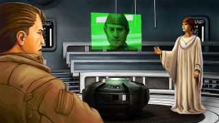 Star Wars art. A man in a brown leather jacket (left) and a woman in a white robe (right). They are speaking to a man via a futuristic video call, the screen floating in middle.