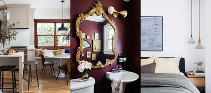 What lighting makes a home look expensive? Kitchen with dark wood paneling, island and dining table. Purple bathroom with gold fixtures. White bedroom with two low hanging pendant lights