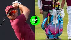 Lucas Herbert hits a shot off the tee, with a close-up of his golf bag